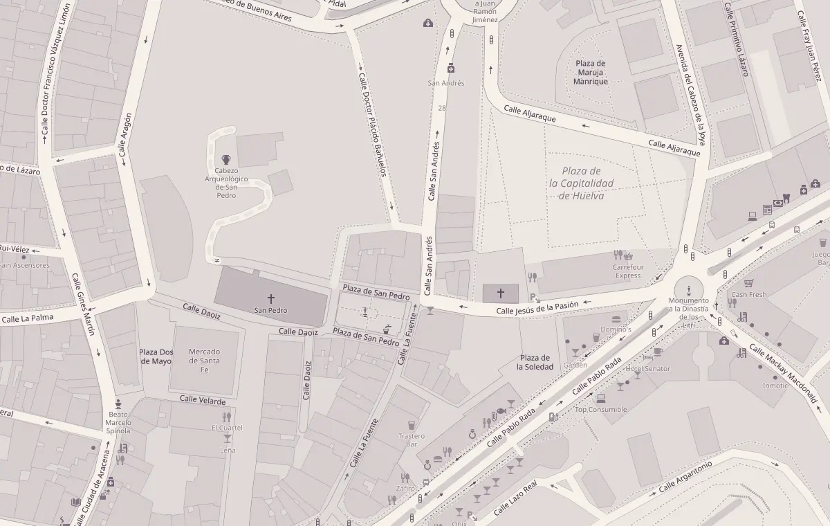 Mapa del centro de Huelva con la clínica en la calle San Andrés, junto a la plaza de San Pedro
